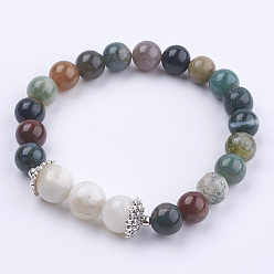 Indian Agate Natural Indian Agate Stretch Bracelets, with Natural Moonstone, Alloy Findings, Round, 2 inch(50mm)