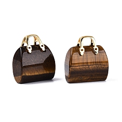 Тигровый глаз Природных тигровый глаз подвески, Брелоки для сумочек с латунной ручкой золотистого цвета, 27~28x24~26x11.5~12.5 мм, отверстие : 6.5~7x4~5 мм