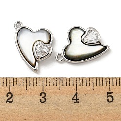 Real Platinum Plated Natural Black Lip Shell Pendants, Brass Pave Clear Glass Heart Charms, Real Platinum Plated, 16.5x12x5mm, Hole: 1.2mm