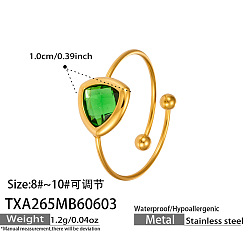Green Adjustable 316 Stainless Steel & Glass Cuff Open Rings, Triangle, Golden, Green, Inner Diameter: 15~20mm
