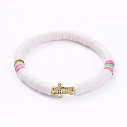 PapayaWhip Handmade Polymer Clay Heishi Bead Stretch Bracelets, with Cross Brass Micro Pave Clear Cubic Zirconia Beads, PapayaWhip, 2-1/4 inch(5.7cm)