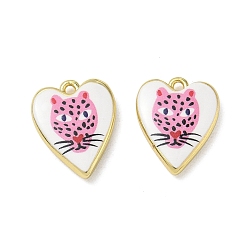Hot Pink Printed Brass Pendants, Heart with Leopard Charms, Cadmium Free & Lead Free, Golden, Hot Pink, 19x15x4mm, Hole: 1.8mm