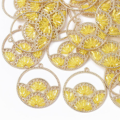 Золотистый Тканые подвески из полиэфирной нити, со стеклянными бусинами и позолоченными выводами из сплава, плоский круг с вентилятором, золотые, 37.5x34.5x2 мм, отверстие : 1.8 мм