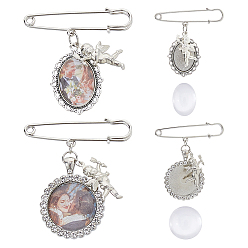 Античный Серебристый & Платиновый Железа брошь, с подвеской из сплава и стеклянными кабошонами, старинное серебро и платина, 55~63 мм