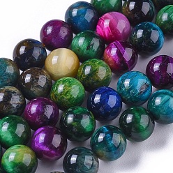 Разноцветный Природных тигровый глаз бисер нитей, окрашенная и подогревом, круглые, красочный, 10 мм, отверстие : 1 мм, около 37~40 шт / нитка, 15.5 дюйм (40 см)