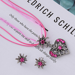 Ярко-Розовый Комплекты из ожерелий и серег-гвоздиков из сплава со стразами, Сердце звездочкой, античное серебро, ярко-розовый, 420 мм