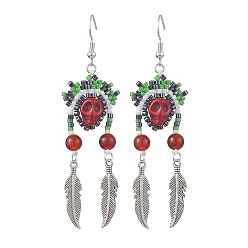 Темно-Красный Железная болтающаяся серьга, со стеклом и синтетической бирюзой, череп, темно-красный, 75x22 мм