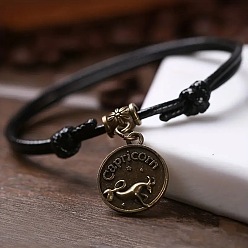 Козерог Сплав плоский круглый с подвесками в виде созвездий двухслойный черный шнурок из искусственной кожи регулируемые браслеты на щиколотку, античная бронза, Козерог, внутренний диаметр: 2-3/4~4-3/4 дюйм (70~120 мм)