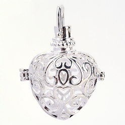 Серебро Подвески из латуни, для ожерелья, полые сердца, серебряный цвет гальваническим, 29x25x20 мм, отверстия: 5x6 мм, Внутренняя мера: 18x18 мм