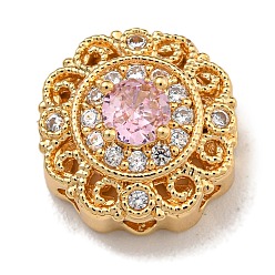 Бледно-Розовый Латунные микро проложить кубического циркония бусы, без никеля , со стеклом, реальный 18 k позолоченный, круглые, розовый жемчуг, 11x6.5 мм, отверстие : 1.8 мм