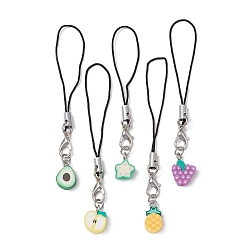 Mixed Color Handmade Polymer Clay Mobile Straps, Nylon Cord Mobile Accessories Decoration, Apple/Grape/Pineapple/Avocado, Mixed Color, 8~8.6cm, 5pcs/set