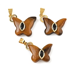 Tiger Eye Natural Tiger Eye Pendants, Butterfly Charms with Brass Micro Pave Cubic Zirconia Findings, Golden, 17.5~19x23~25x6.5~7mm, Hole: 3.5x4mm