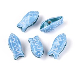 Светло-Голубой Ручной фарфоровые керамические шарики, Famille выросли стиле, рыба, Небесно-голубой, 22~23x10~11.5x9.5~10 мм, отверстие : 1.8~2.5 мм