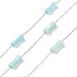 Light Sky Blue 304 Stainless Steel Cable Chains and Dyed Shell Beads, Tambourin, Soldered, with Spool, Light Sky Blue, 2.5x0.8x0.1mm