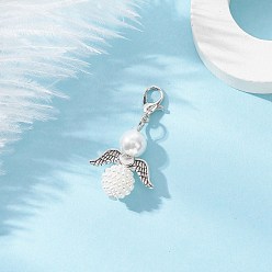 Античный Серебристый & Платиновый 50шт. акриловые искусственные жемчужины и стеклянные жемчужины подвесные украшения в виде ангела, с крыльями из сплава и застежками-клешнями, белые, старинное серебро и платина, 37 мм, Кулон : 27x20x10 мм