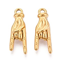 Настоящее золото 18K 304 подвески из нержавеющей стали, ионное покрытие (ip), рок-жест очарование, реальный 18 k позолоченный, 25.5x8.5x5.5 мм, отверстие : 2 мм
