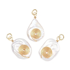 Mixed Shapes 3шт. 3 стили подвесок из натурального барочного жемчуга кеши, обмотанного спиральной медной проволокой, подвески в форме капли, прямоугольника и овала, белые, золотые, разнообразные, 21.5~24x12.5~14x4~6.5 мм, Перейти кольцо: 5x0.8 мм, 3.5 мм внутренним диаметром, 1 шт / стиль