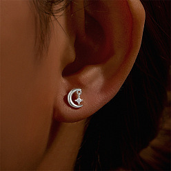 Платина Луна со звездой 925 серьги из стерлингового серебра с микропаве из прозрачного кубического циркония для крепления на хрящевой части уха, платина, 7x5.5 мм, Длина стержня: 8мм, штифты : 1.2 мм