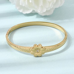 Real 18K Gold Plated 304 Stainless Steel Crystal Rhinestone Hinged Cuff Bangles for Women, Flower, Real 18K Gold Plated, Inner Diameter: 2.38x1.93 inch(6.05x4.9cm)