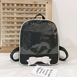 Black Cute Bowknot PU Leather Backpacks, with Clear Window, for Women Girls, Black, 31x27x10cm
