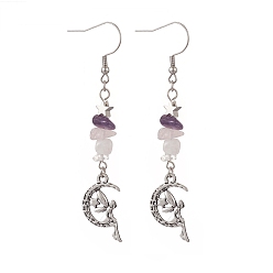 Angel & Fairy Серьги-подвески из сплава с кусочками натуральных смешанных драгоценных камней, 304 длинные серьги из нержавеющей стали для женщин, ангел и фея, 73 мм, штифты : 0.5 мм