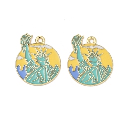 Средний Бирюзовый Подвески из эмали и сплава, золотые, плоский круглый с подвеской в виде статуи свободы, средне бирюзовый, 26x23x1 мм, отверстие : 1.8 мм