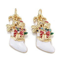 Настоящее золото 18K Рождественские тематические латунные подвески с микропаве и фианитами, с эмалью и кольцом для прыжков, долговечный, рождественский носок, реальный 18 k позолоченный, 22x13x3 мм, Перейти кольцо: 5x0.7 мм, 3.6 мм внутренним диаметром