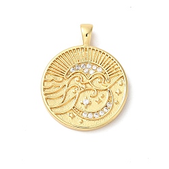 Настоящее золото 18K Подвески из латуни с покрытием из прозрачного кубического циркония, долговечный, без свинца и без кадмия, плоские круглые с луной, реальный 18 k позолоченный, 24x19x4 мм, отверстие : 4x2 мм