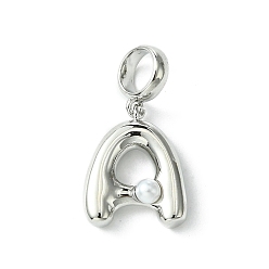 Letter A Покрытие стойки латунь с АБС-пластиком жемчуг европейские подвески, Подвески с большими отверстиями, долговечный, без свинца и без кадмия, платина, буква a, 22 мм длиной, отверстие : 5 мм, Кулон : 14x12x4.5 мм