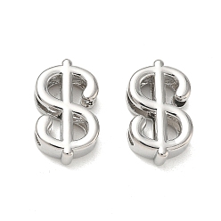 Platinum Brass Slider Charms, Dollar Sign, Cadmium Free & Lead Free, Rack Plating, Long-Lasting Plated, Platinum, 26x15.5x7mm, Hole: 17.5x3.5mm