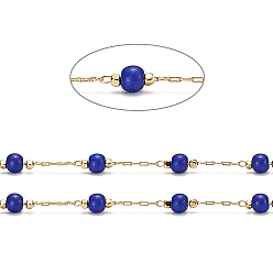 Blue Handmade Brass Cable Chains, with Dyed Synthetic Turquoise Beads and Spool, Soldered, Long-Lasting Plated, Round, Real 18K Gold Plated, Blue, 2x1x0.3mm, about 32.8 Feet(10m)/roll