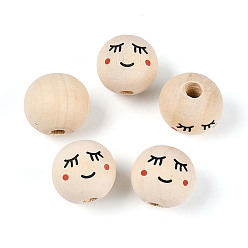 Желтая Старая Ткань  Набивные шима деревянные бусины, круглый с выражением лица, старое кружево, 18.5~19.5 мм, отверстие : 5 мм