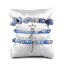 Blue Agate Эластичные браслеты из натурального голубого агата, для женщин, амулет звезда, луна и крылья, периметр: 7-1/2 дюйм (19 см), 3 шт / комплект