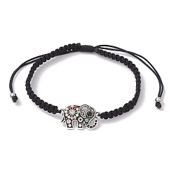 Black Alloy Rhinestone Elephant Link Bracelet, Nylon Thread Braided Adjustable Bracelet, Black, Inner Diameter: 2~3-3/8 inch(5.1~8.5cm)