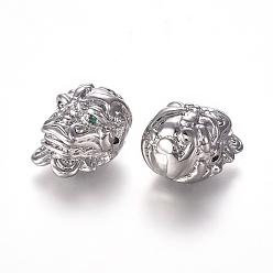 Real Platinum Plated Feng Shui Brass Micro Pave Cubic Zirconia Beads, Pixiu, Green, Real Platinum Plated, 13x13.5x19mm, Hole: 1.2mm