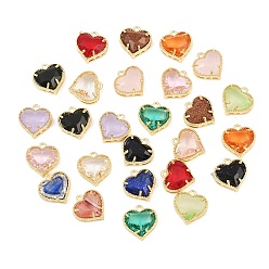 Mixed Color Brass Glass Pendants, Heart Charm, with Glitter Powder, Faceted, Mixed Color, 12x12x5mm, Hole: 1.3mm