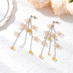 Светло-хаки Серьги-гвоздики с кисточками из акрила, с синтетическим цитрином и натуральным цитрином, платина, светлый хаки, 89 мм