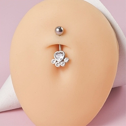 Paw Print 304 кольца для пупка из нержавеющей стали с кристаллами и стразами, цвет нержавеющей стали, отпечаток лапы, длина стержня: 3/8"(10мм), штифты : 1.6 мм