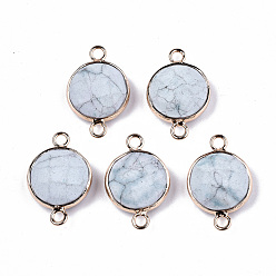 Синтетическая Бирюза Синтетические бирюзовые разъемы, с легкой позолоченной латунной фурнитурой, граненые, плоско-круглые, 23~24x15~15x5~6 мм, отверстие : 2 мм