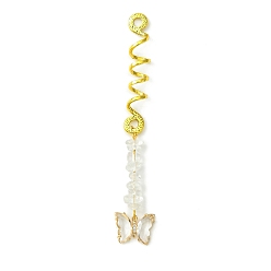 Cristal de Quartz Perles de dreadlocks en alliage, Verre papillon et copeaux de cristal de quartz naturel, pendentifs pour cheveux tressés, clips de décoration, pour la coiffure, 113mm, Trou: 4.5mm, diamètre intérieur: 8 mm
