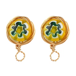 Yellow Handmade Millefiori Lampwork Earring Stud Settings and Ear Nuts, with 304 Stainless Steel Findings and Copper Wire, Yellow, 10mm, Hole: 2.5mm, Pin: 0.6mm