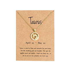 Телец Латунные микропаве прозрачные кубические цирконии плоские круглые подвески в виде созвездий, ожерелья из нержавеющей стали, золотые, Телец, 19.69 дюйм (50 см)