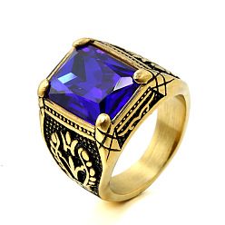 Средно-синий 316Мужские винтажные резные кольца из нержавеющей стали с кубическим цирконием, квадратный, готические кольца, античное золото , светло-синий, размер США 12 (21.4 мм)