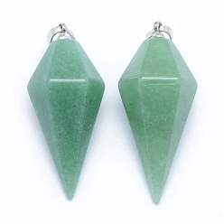 Green Aventurine Natural Green Aventurine Pointed Pendants, with Brass Findings, Bullet, Platinum, 38.5x16x14.5mm, Hole: 5x8mm