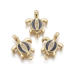 Черный Соединители латунные эмалевые звенья, с кубического циркония, Морская черепаха, золотые, чёрные, 19.5x13.5x3 мм, отверстие : 1 мм