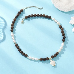 Золотой Подвеска «Трутл» из синтетической бирюзы, окрашенной океаническими красителями, 8мм натуральный культивированный пресноводный жемчуг и круглые бусы из древесины венге для женщин, цветочный белый, золотые, 17.72 дюйм (45 см)