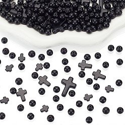 Черный 235 шт. 4 стили синтетические бирюзовые бусины, окрашенные, круглый и крест, чёрные, 8~16x8~18x3~8 мм, отверстие : 1 мм