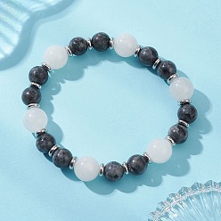 Смешанные камни Круглые эластичные браслеты из натурального белого нефрита и ларвикита для женщин, с латунным шарики прокладки, платина, бусины : 8.5 мм и 10.5 мм, внутренний диаметр: 2.05 дюйм (5.2 см)