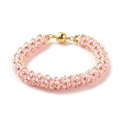 Pearl Pink Glass Seed Beaded Bracelet with Brass Magnetic Clasp, Braided Bracelet for Women, Pearl Pink, 7-1/2 inch(19cm)