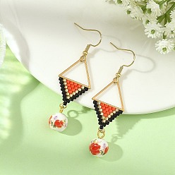 Red 304 Stainless Steel with Cylinder Seed Beads Dangle Earrings, Rhombus, Handmade Flower Printed Porcelain Ceramic Beads Dangle Earrings, Golden, Red, 62x18.5mm
